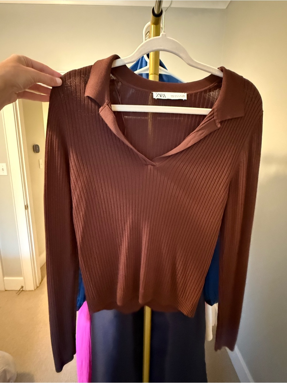 Zara Brown Ribbed Long-Sleeve Polo Top